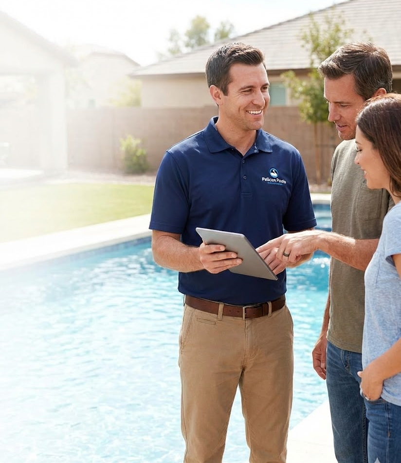 Pool technician discussing service with customers